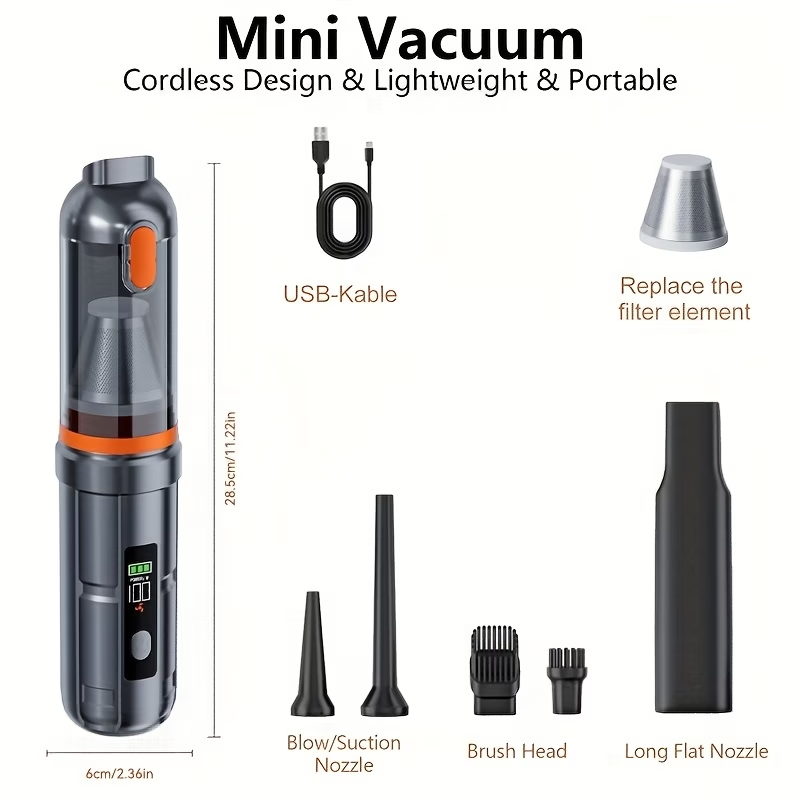 100W Handheld Vacuum Cleaner with Powerful Suction | Upgraded Brushless Motor, Rechargeable Lithium Battery, Suitable for Car, Home, and Office Use, Comes with Cleaning Hose