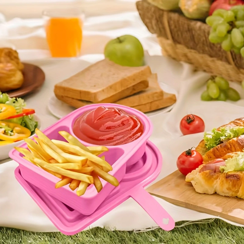 Food-grade silicone dip container with portable lid, reusable double compartment seasoning box, silicone snack box