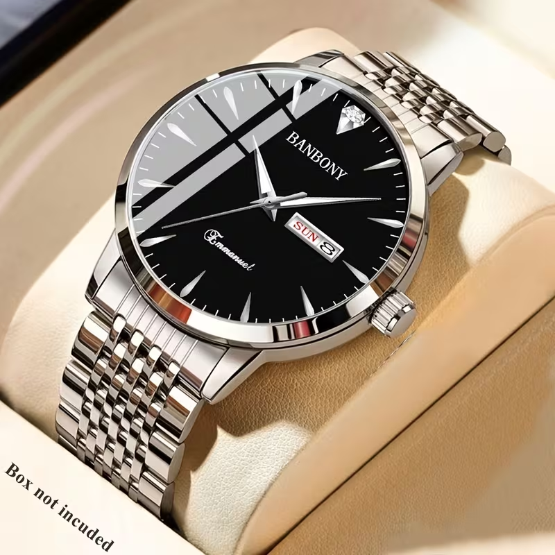 New Banbony Unisex Stainless Steel Quartz Watch with Rhinestone Accents, Water-Resistant IPX7, Sleek HD Dial, Date Display, Golden-Tone Finish - Ideal for Casual Wear, Parties, and Gifts