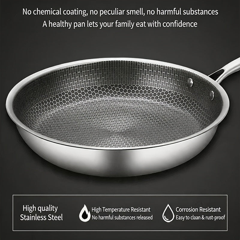 Stainless steel honeycomb frying pan kitchen utensil, thickened high-quality stainless steel with integrated solid steel handle, 3D suspended honeycomb, physically non stick and non chemical coating, scratch resistant and wear-resistant