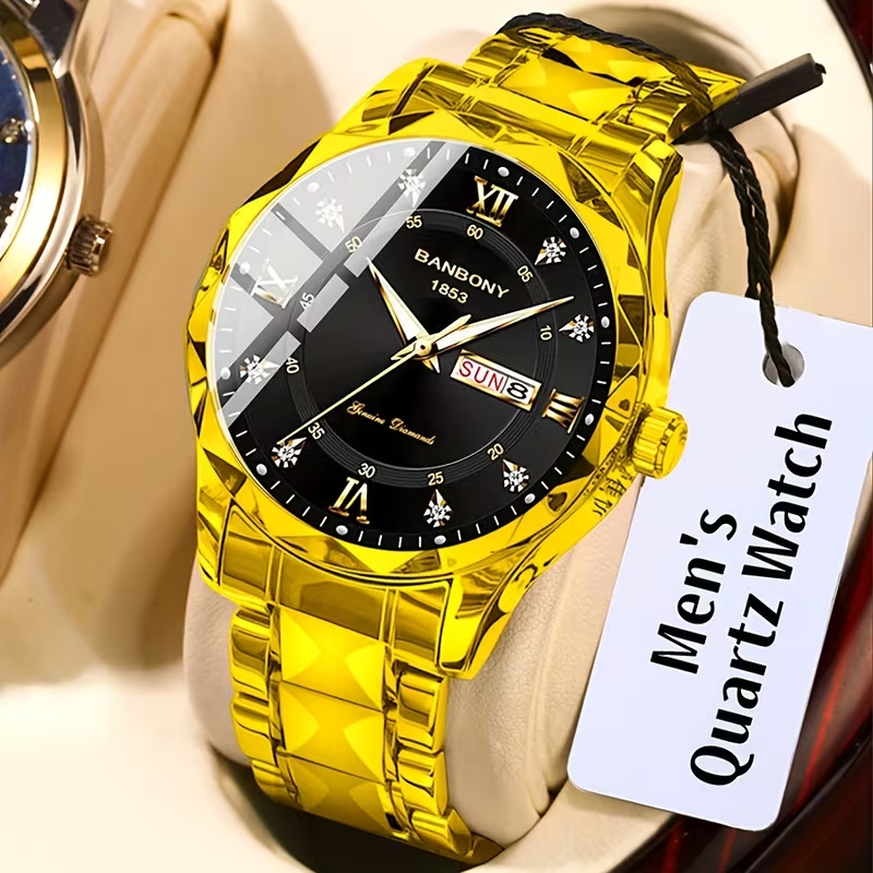 1 New Stainless Steel Men'S Quartz Watch with Roman Numerals, Rhinestone Dial, Date Calendar, Trendy Minimalist Luxury Brand, Luminous Sports Casual Business Multi-Functional Watch - Ideal Birthday Gift and Holiday Present, Elegant Watch For Men