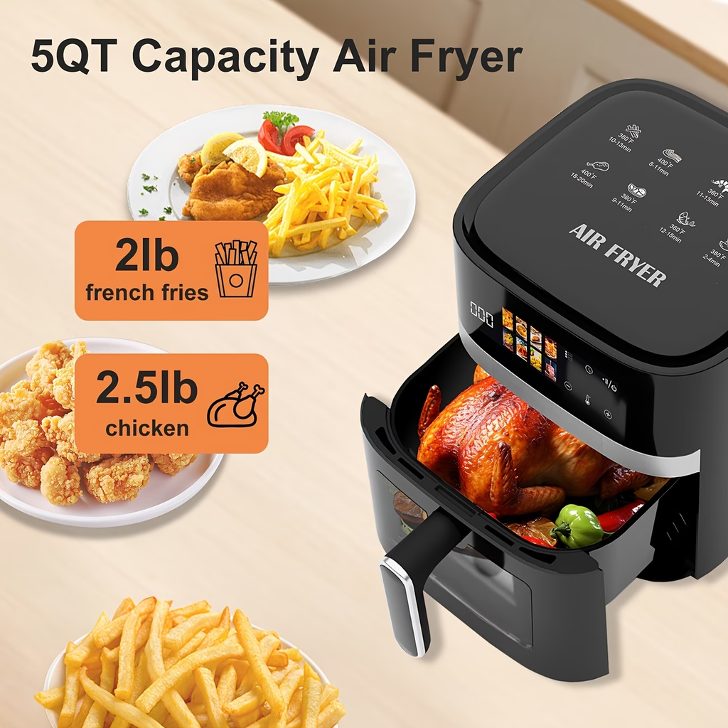 6QT Air Fryer with Multi Function, Visible Window, LED Digital Touchscreen, Warm, Broil, Toast, Bake, Air Fry, Oil-Free, Non-Stick Basket, Easy to Clean, 5QT Large Capacity, Perfect for Countertop, Healthy Cooking