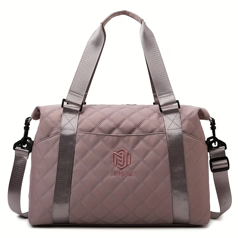 Large Capacity Quilted Travel Duffel Bag with Rhombus Pattern, Solid Color Overnight Carry-On Tote with Multiple Storage Pockets