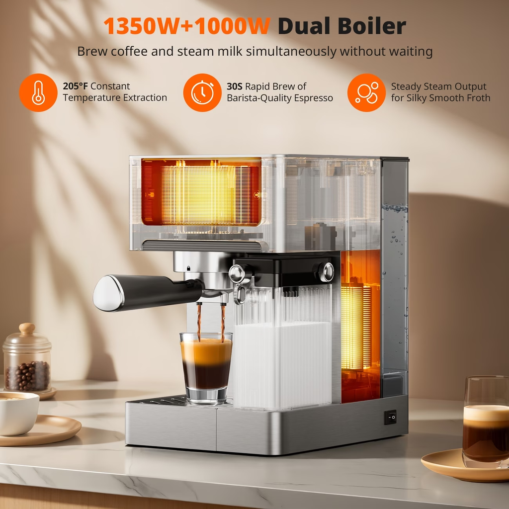 20-Bar Dual Boiler Espresso And Cappuccino Machine - 3-in-1 Latte Coffee Maker With Automatic Milk Frother And LED Touch Control