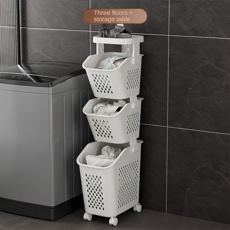 Three-tier laundry basket/storage rack for bathroom, balcony, and bedroom spaces