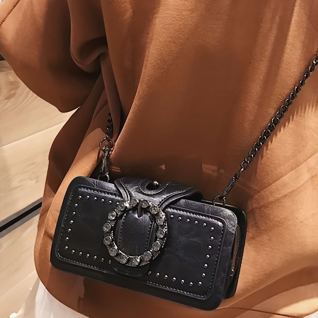 Women's Fashion Vintage Clutch Bag with Studs, Motorcycle Chain Crossbody Bag, Black Phone Pouch, Multi-Layer Flap Small Square Bag