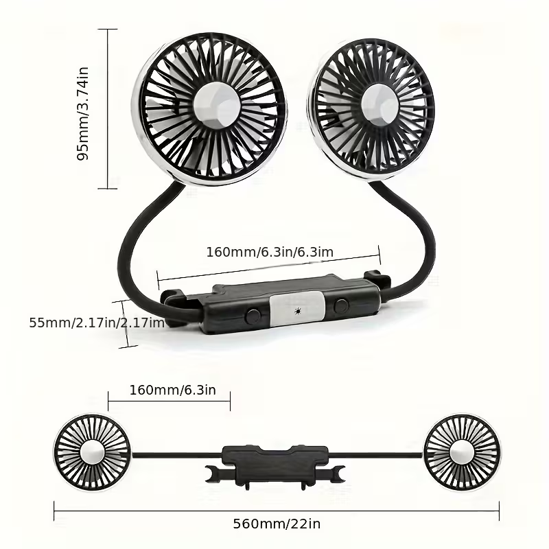 A Dual-Head Hose Fan for Cars, Featuring a USB Interface for The Rear Seat, Offers 360° Rotation And Three-Speed Strong Airflow. This USB Device Is Designed for Cooling in Vehicles And Is Also Compatible with Laptops