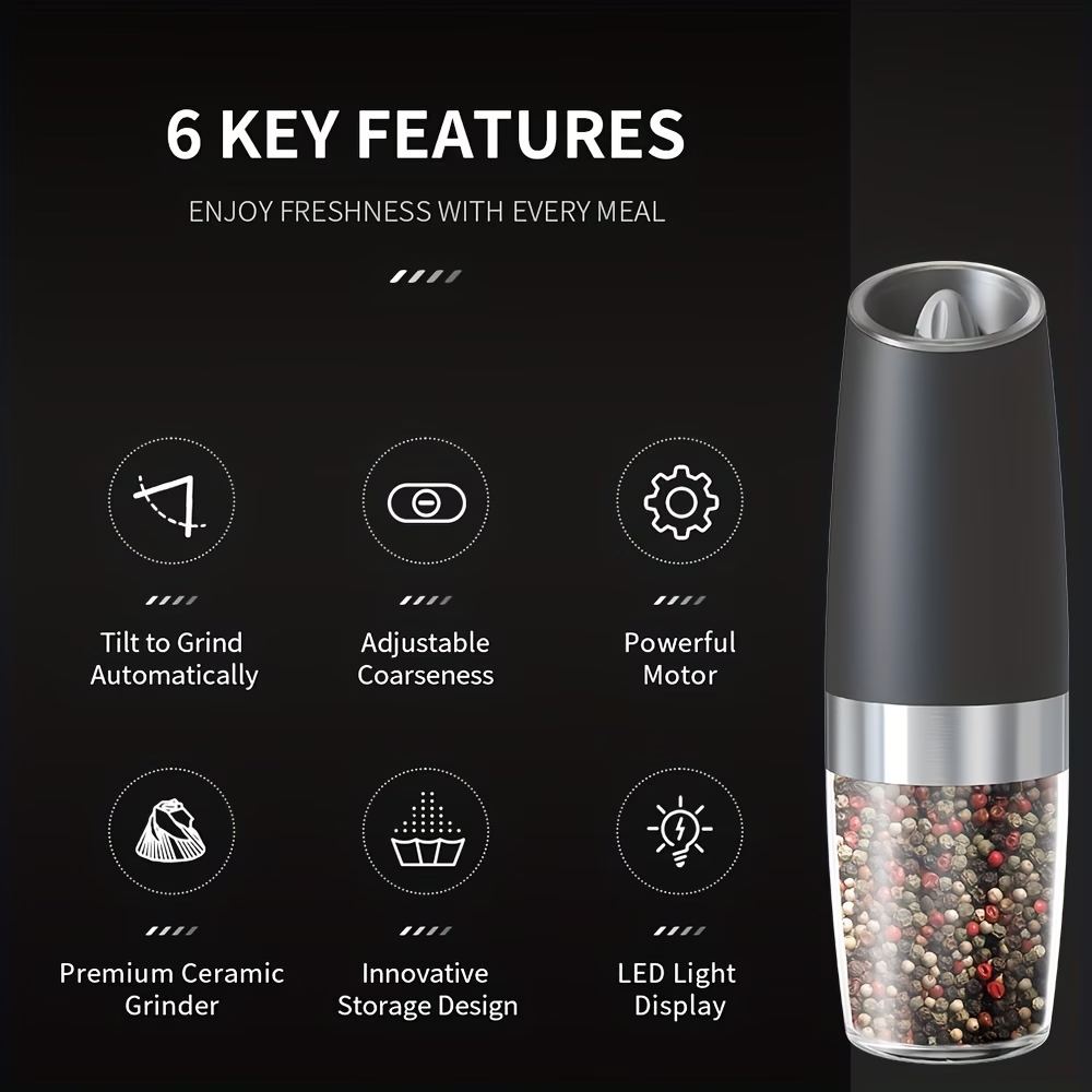 1/2pcs/set, Gravity Electric Salt And Pepper Mill, Powerful Pepper Grinder, Tilt to Grind Automatically, Battery Powered, Coarseness Adjustable, Upgraded Large Capacity, Easy to Clean, One-Hand Operation, Kitchen Essentials, LED Light, Gift Ideas