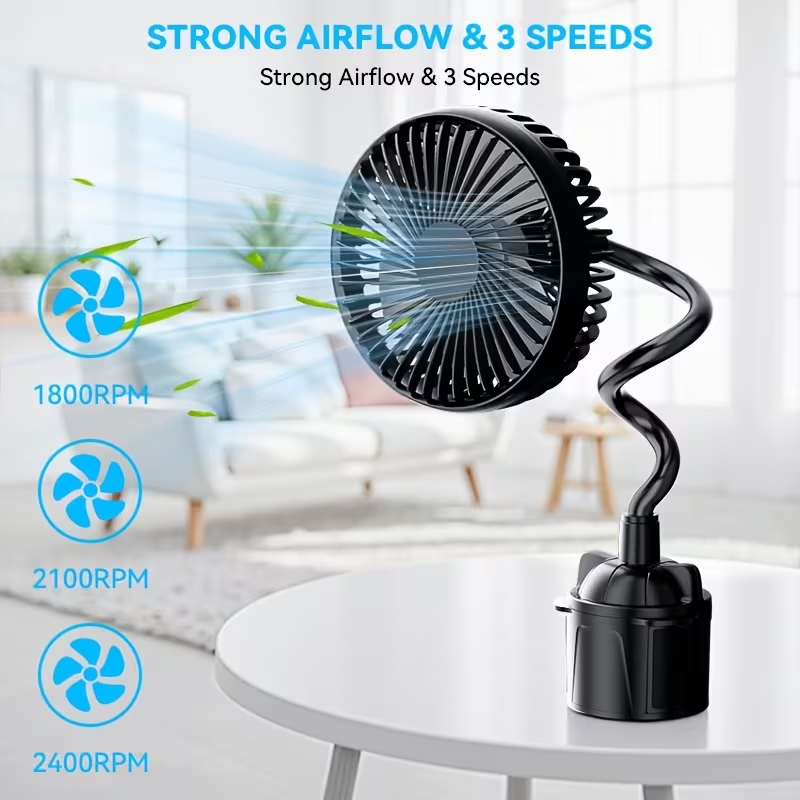 USB Cup Holder Fan | Portable Personal Desk Fan with Power Cord, 3 Speeds Strong Airflow, Flexible Adjustable Hose, Ultra-Quiet | Ideal for Home, Office, Car & Summer Travel