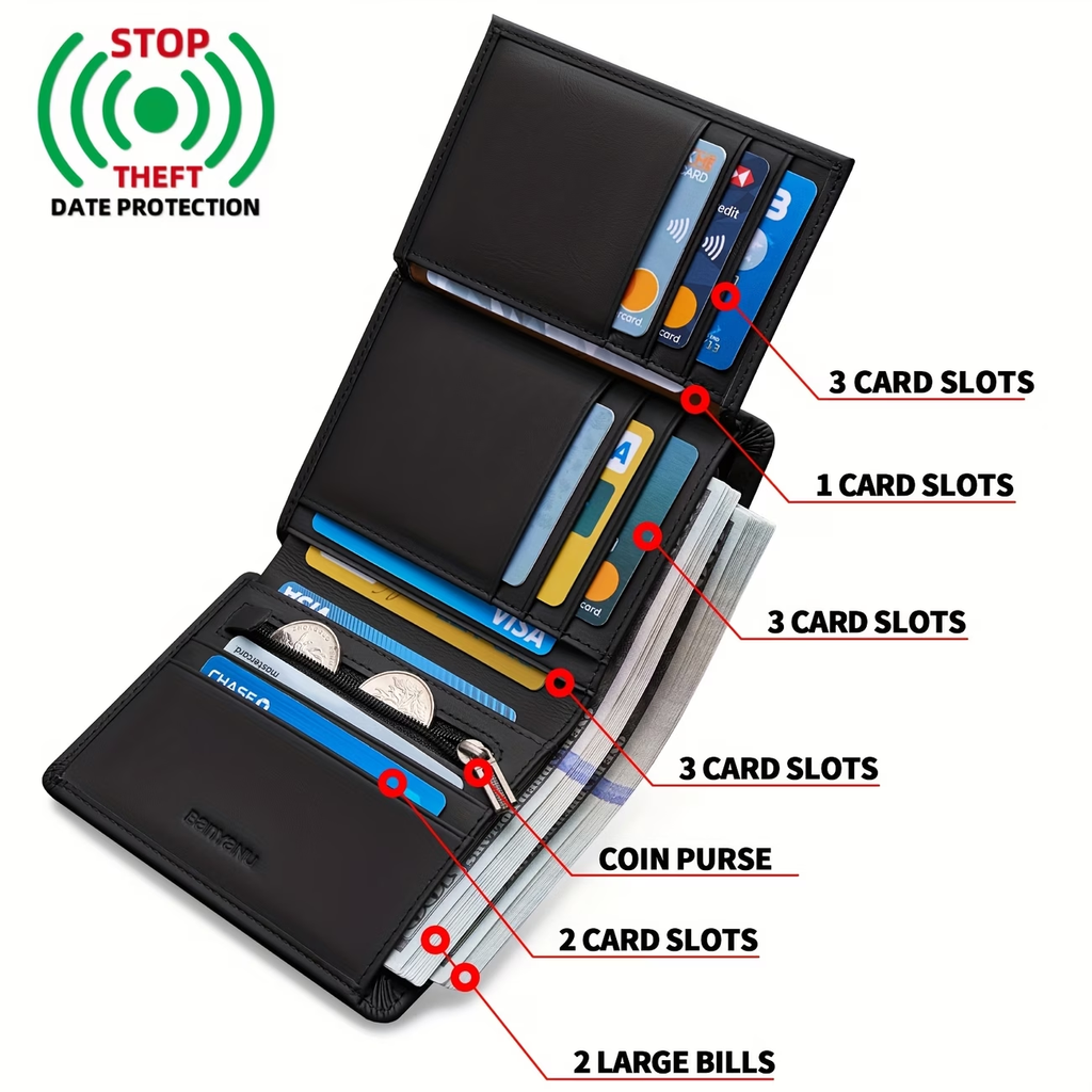 Genuine Leather Three-Fold Wallet for Men, 13 Card Slots with Anti-Theft Feature