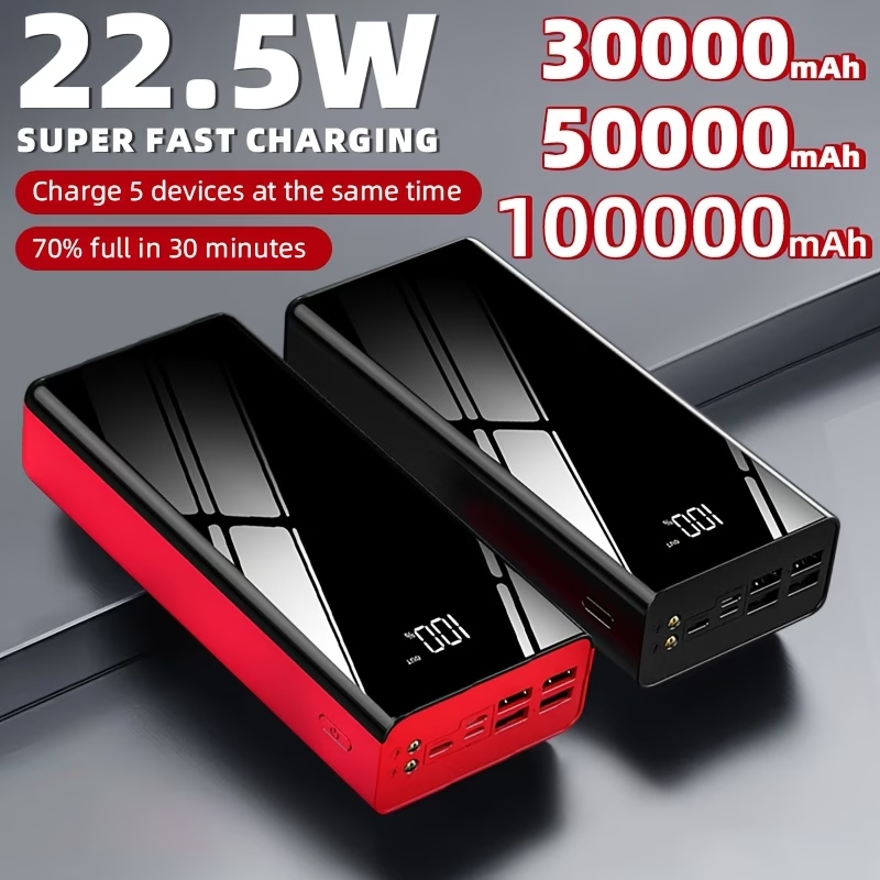 30000mAh/50000mAh/100000mAh Portable Mobile Power Bank | 22.5w Super Flash Charging Digital Display, Outdoor Travel Camping Light, Fast Charging Reserve Battery Pack, Large Capacity, Two-way Fast Charging
