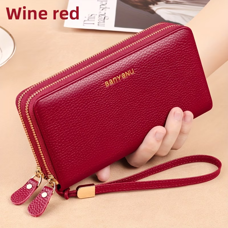 Women'S Long Wallet, Stylish And Spacious, Made of Top-Layer Cowhide, Double Zipper Genuine Leather Clutch Bag 9009