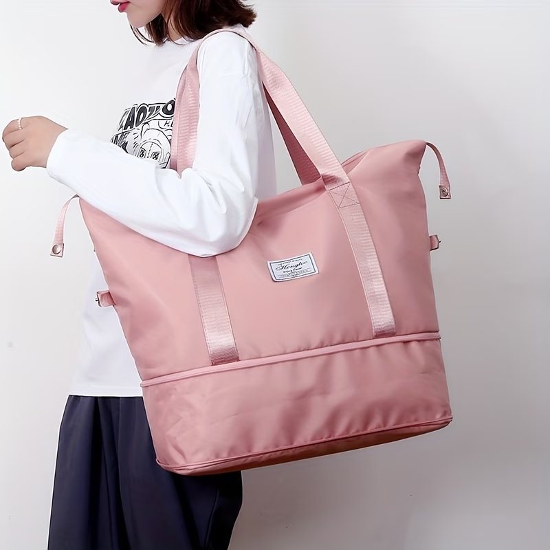 Large Capacity Women'S Duffle Bag - Pink Nylon Gym And Travel Tote, Lightweight Luggage Handbag, Versatile Sports Bag, Casual Style, Hand Washable