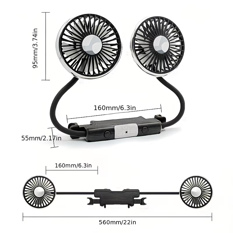 Usb-Powered Cooling Fan for The Back Seat of Your Car, Featuring Two Separate Heads That Can Rotate 360°, Designed for Quiet Ventilation in Sedans, Suvs, Rvs, Trucks, And