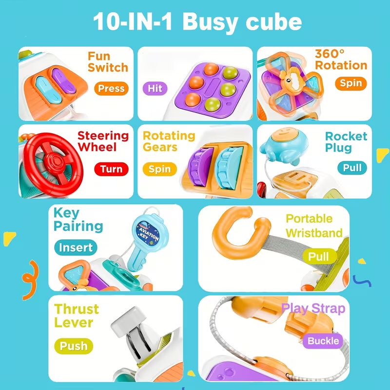 10in 1 Baby Busy Board Cube, Sensory Toy Toddler, Infant Carseat Plane Travel, Kid Education Learning Activity, Easter Basket Stuffers Birthday Gift for Boy Girl, Random accessory colorsChristmas stocking stuffers,Christmas stocking stuffers