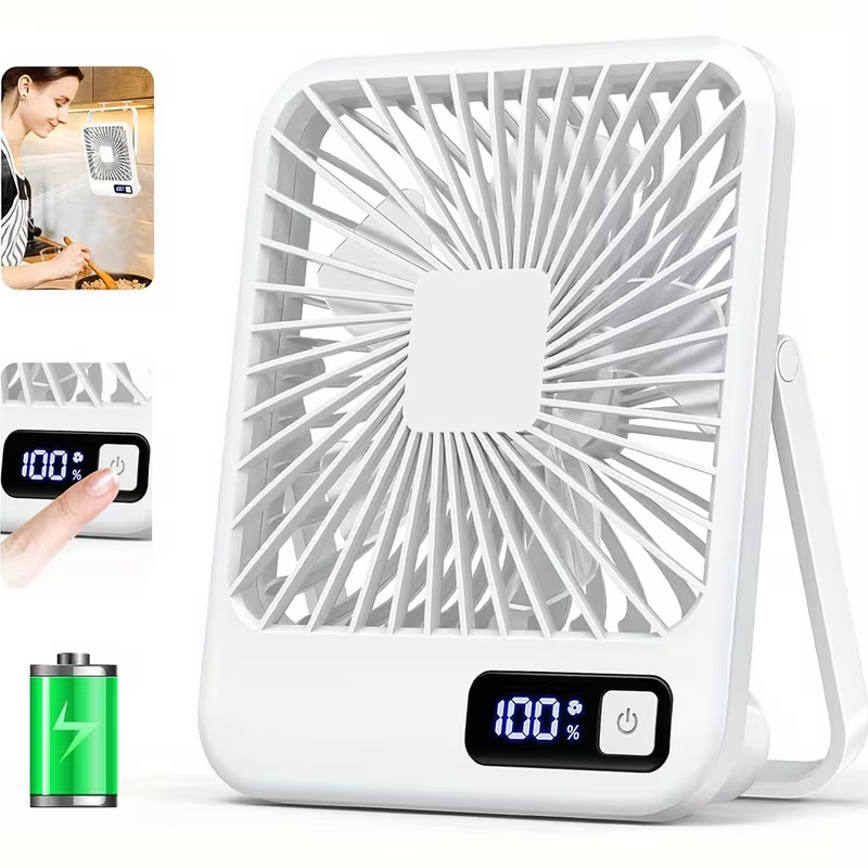 Rechargeable Table Fan with a 1800Mah Battery, Featuring a 180° Foldable Design And Power Display. This Ultra-Quiet Desktop Fan Is Ideal for Home, Office, Travel, And Outdoor Use, Offering 5 Speed Settings