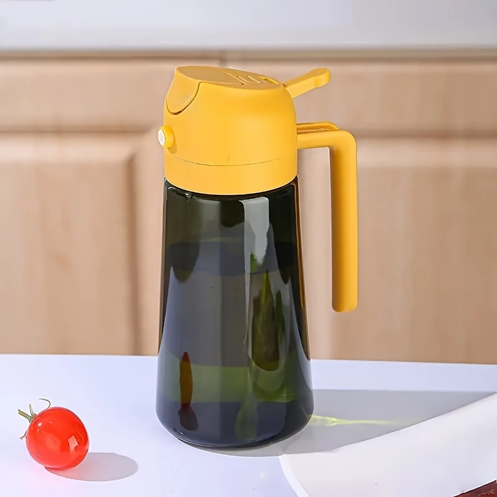 2-piece openable push-button oil spray bottle, 470ml glass spray and invert dual-use oil bottle, household olive oil spray bottle, automatic back-suction nozzle, double seal to prevent leakage when inverted.