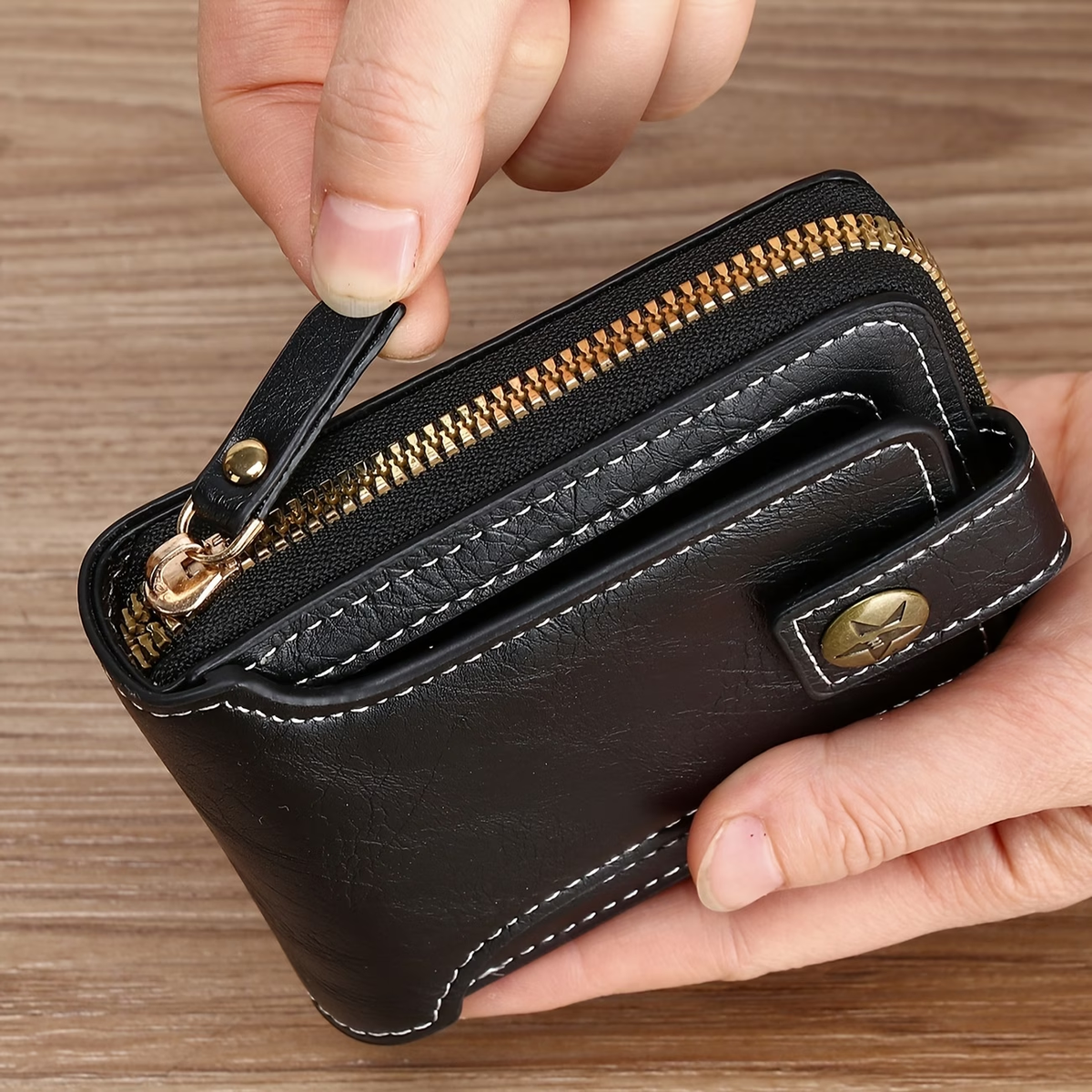 1pc, Fashionable Bark-pattern Brown PU Credit Card Holder with Zipper and Snap Closure, Small Zippered Coin Pouch, Zipper Button Closure, Business Style, Futuristic Zipper Wallet, ID Card Holder, Thanksgiving, Christmas, Warm Winter New Arrival