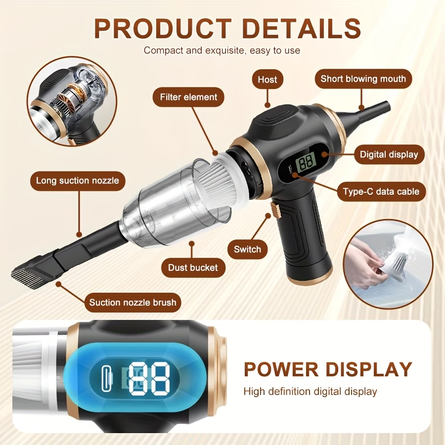 High-Power Handheld Vacuum Cleaner with Strong Suction - Fast Cleaning, Includes Crevice Tool & Multiple Accessories and Brushes, USB Charging, Blowing and Sucking Function, for Home and Car Use, Hair Removal, Quick Cleanup, Ergonomic Grip