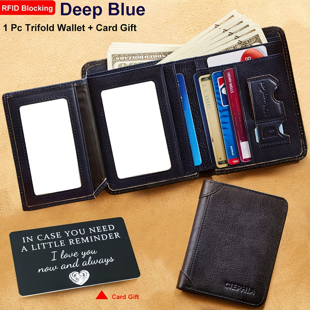Genuine Leather Men's Wallet with Blessing Card Set, RFID Blocking, Ultra-Thin, Top-Grain Cowhide, Compact Multi-Function ID and Credit Card Holder, Christmas Valentine's Day Father's Day Gift