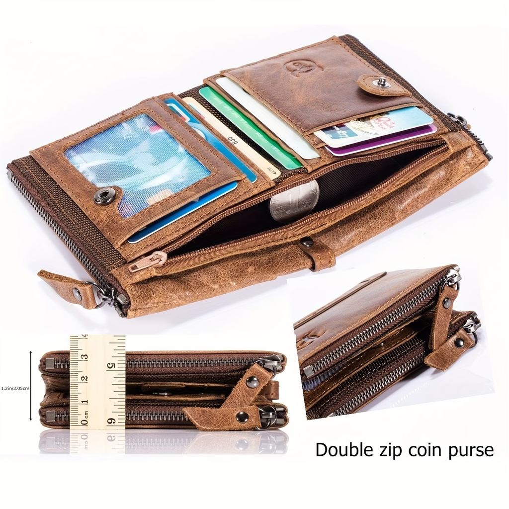 Men's Genuine Leather Wallet, Vintage Style, Animal Pattern, Braided Weave, Ruffle Detail, with Dual Zipper Pockets, Men's Everyday Wallet | Retro Charm Wallet | Crafed with Detailing