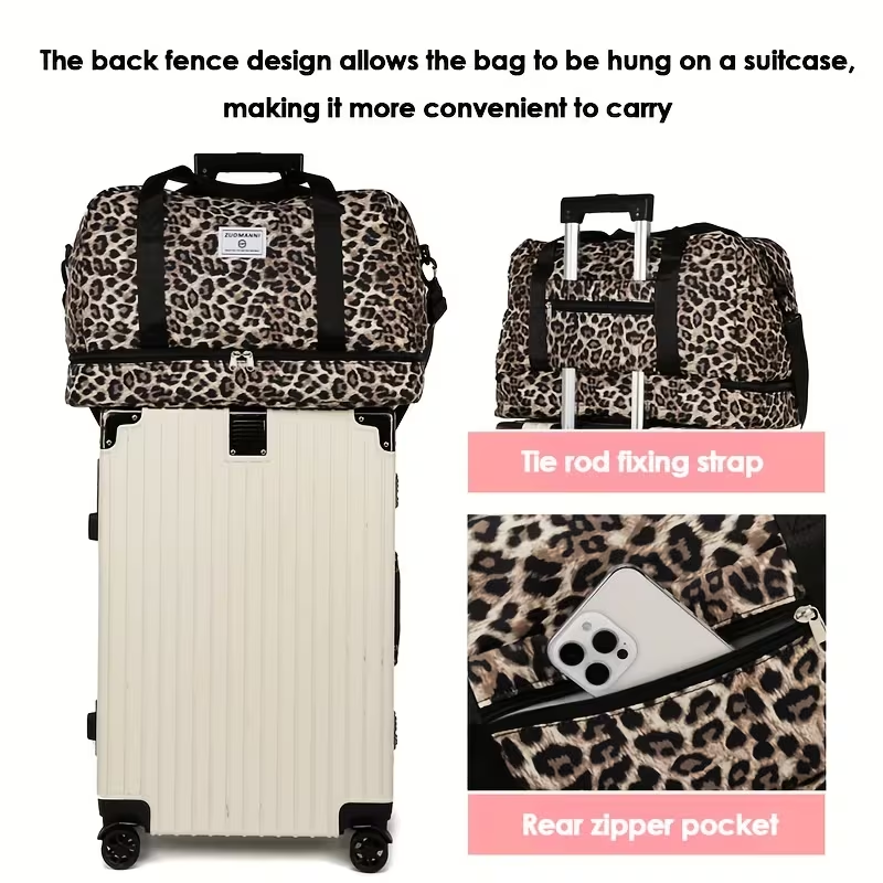 Trendy Leopard-Patterned Suitcase with Ample Space, Featuring a Separate Compartment for Shoes, an Adjustable Shoulder Strap, Ideal for Gym, Yoga, And Weekend Getaways, As Well As Leisure Activities And Outdoor Camping