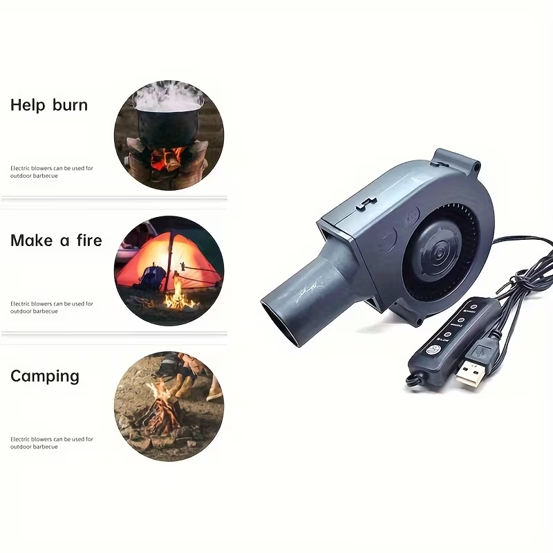 A 5V USB Blower Fan Featuring Multiple Speed Settings And an Air Outlet to Enhance Combustion, This Compact And Portable Cooling Fan Is Highly Efficient And Ideal for Different Outdoor Camping And Barbecue Situations
