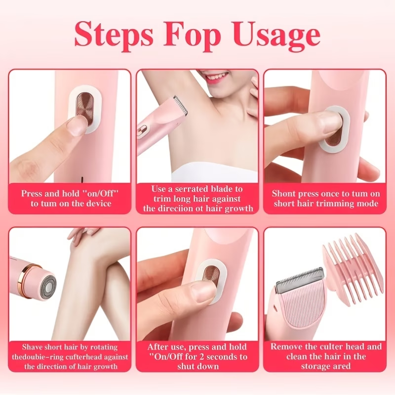 2-in-1 Pink Dual Head Bikini Trimmer For Women Electric Shaver For Wet & Dry Use Body Hair Remover For Bikini Underarms Legs Arms Face Long Battery Life USB Rechargeable Hypoallergenic Blades Facial Hair Removal Ergonomic Grip Adjustable