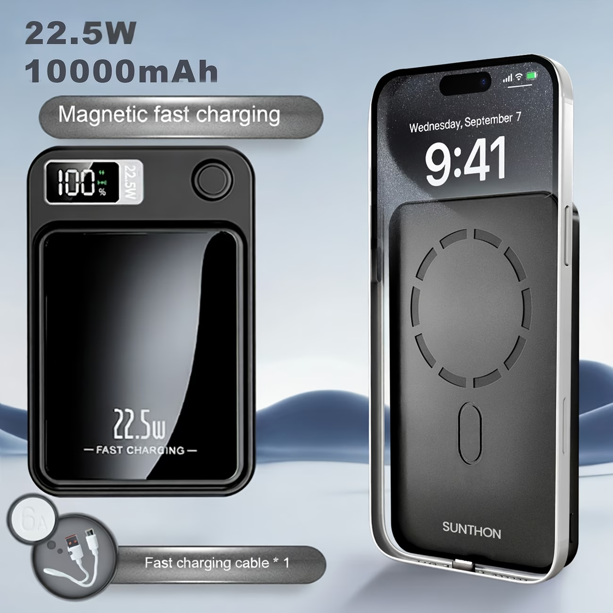 Sunthon Magnetic Wireless Charging Power Bank, 10000/5000mAh Portable Wireless Charger, 22.5W/PD20W Fast Charging Battery Pack, with LED Power Display, 2 Outputs And Dual Input External Battery Pack for iPhone 17/16/15/14/13/12 And Android Universal