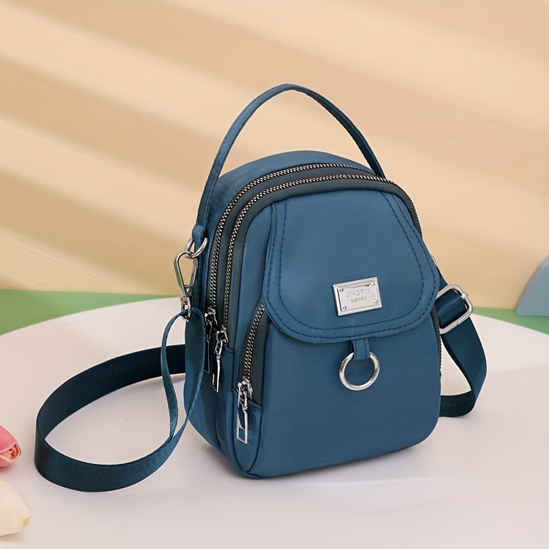 OGEHUAFEE Women'S Light Blue Nylon Shoulder Bag - Casual Mini Crossbody with Adjustable Strap, Multi-Layer, External Headphone Hole, Solid Color, Secure Zip Closure, Small Crossbody Bag