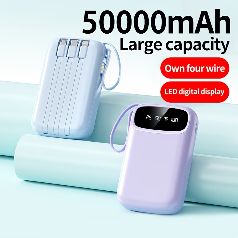 50000mAh Portable Power Bank, Comes With Four Data Cables/lanyard/LED Power Display, Suitable For Fast Charging Of Mobile Phones Such As IPhone/Android And Digital Electronic Products, Outdoor Portable Emergency Power Backup Battery Pack, Gift