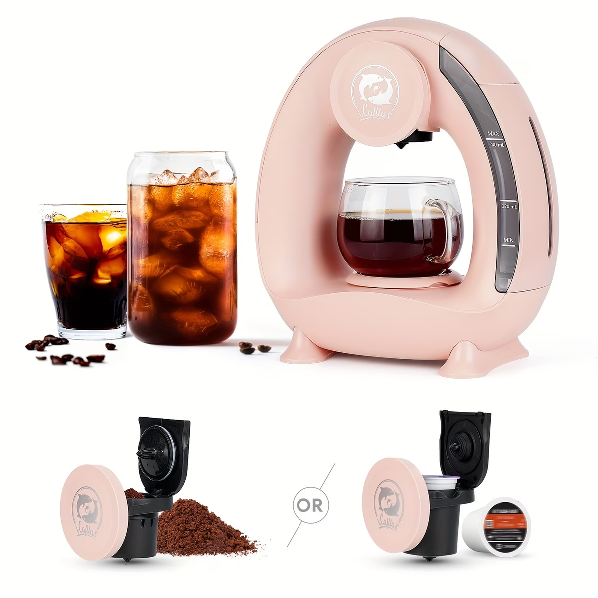 4-8oz Single Serve Coffee Maker 2in 1 Americano Mini Coffee Machine Compatible with Coffee Ground & K Cup, Automatic Drip Coffee Maker/Tea Maker for Home Travel, Fast Brewing & Quiet