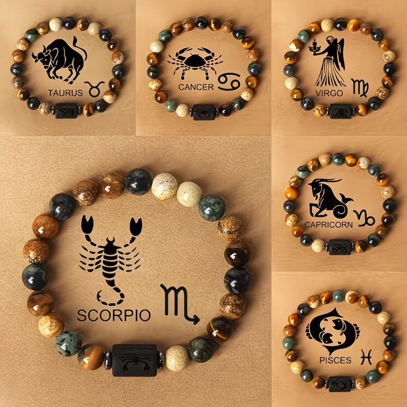 1pc 12 Constellations Zodiac Natural Stone Beaded Twelve Constellations Tiger Eye Stone Picture Stone Birthday Gift Valentine'S Day Gift Zodiac 19Cm/7.48Inch