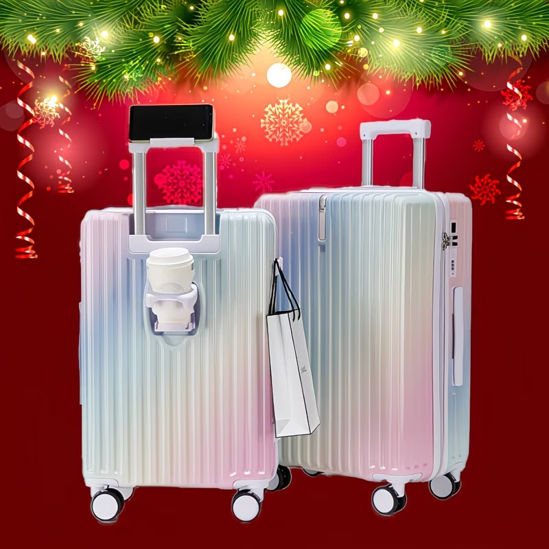 Christmas Gifts: Multi-functional Gradient Color Suitcase with High Quality Zipper, Cup Holder, USB Charging Port, Portable Hook, Telescopic Handle, Phone Holder. New 20-Inch Ultra-Light, Stylish, and Fresh-Looking Combination Lock Travel Suitcase