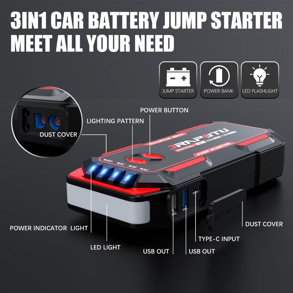 Portable Car Jump Starter, 2500A Peak Battery Jumper Starter Portable, Jump Box for Car Battery, 12V Portable Jump Starter for 2.11gal Gas & 1.85gal Diesel Cars with USB Ports & LED Flashlight, Car Battery Charger Jump Starter, Battery Starter