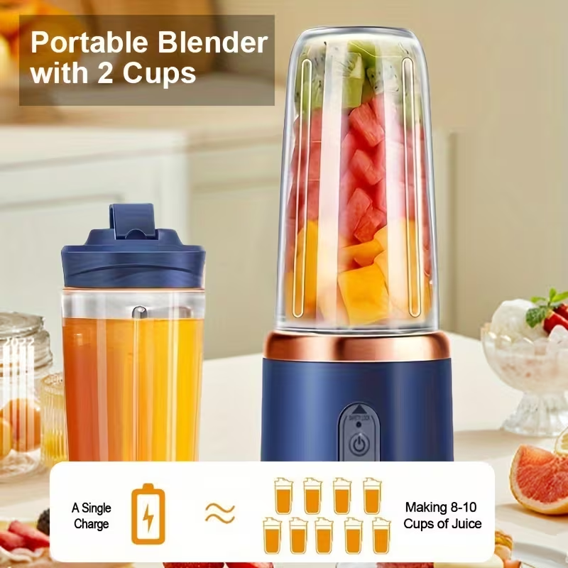 Portable Juicer That Can Be Charged Via USB, Comes with Two Cups, Features a Sport Cup Lid, And Is Multifunctional. It Has a Design And a Six-Blade System for Quick Juicing, Producing Smooth Juice, Making It Ideal for Home, Kitchen, And Travel Use