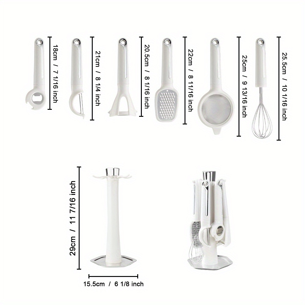 6pcs Multi-piece kitchen tool set, including a strainer, peelers (both vertical and horizontal), grater, bottle opener, and egg beater.