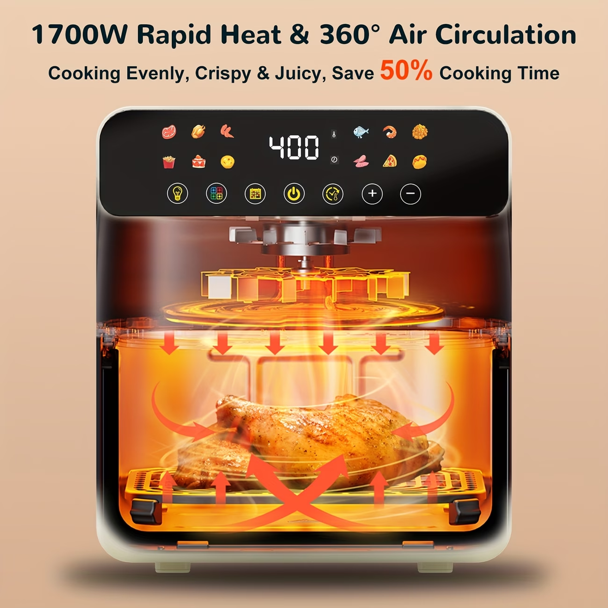 [Smart Air Fryer Oven] 12-in-1 Large 12-quart Air Fryer Oven | 12 One-Touch Preset Functions, Smart Cook Program, Two Baking Pan Accessories, Viewing Window, Interior Light, Adjustable Time & Temp, Oil-Free Family Cooker, Kitchen Appliances