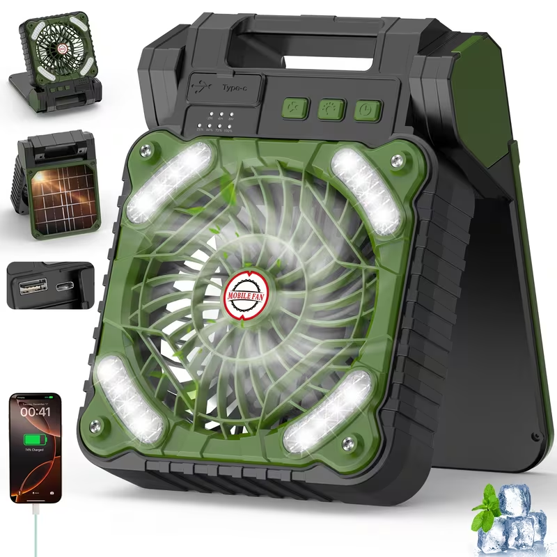 New Portable Solar Fan with LED Light, USB Rechargeable, Suitable for Camping, Foldable Outdoor Fan, And Desktop Fan