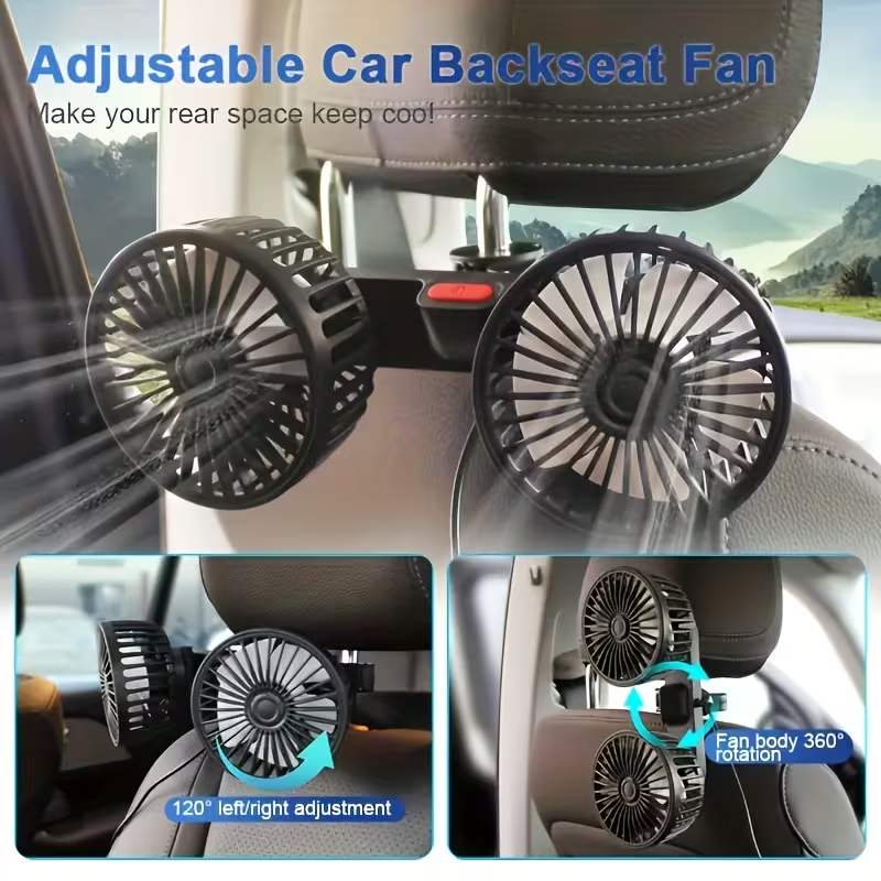Car mounted RV silent fan, dual fan, car mounted fan, dual head rear ventilation fan, powerful wind power, 360 degree rotation, super large airflow, ultra quiet operation, easy to clip and install, suitable for cars and homes