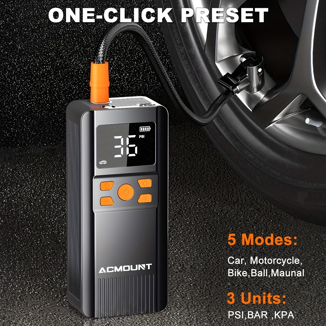 [Tire Inflator Portable Air Compressor] 150 PSI Fast Inflation | Rechargeable 5000mAh Large Capacity Battery | Digital Gauge | LED Light | Easy to Use | Longer Lasting, Acmount Cordless Car Air Inflator for Cars, Bikes, Motorcycles & Sports Balls