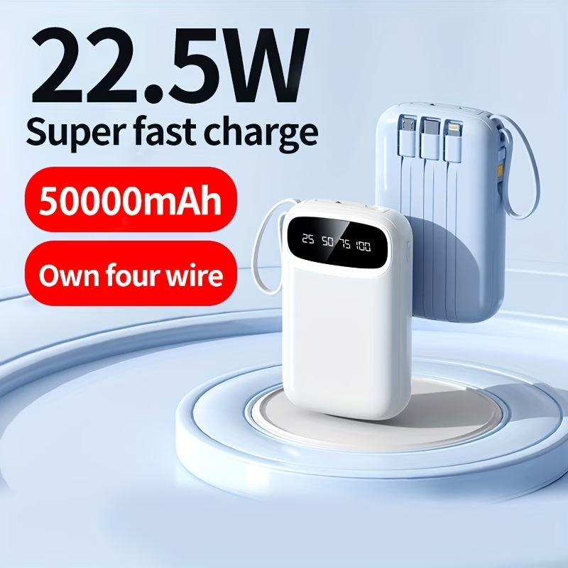 50000mAh Portable Power Bank, Comes With Four Data Cables/lanyard/LED Power Display, Suitable For Fast Charging Of Mobile Phones Such As IPhone/Android And Digital Electronic Products, Outdoor Portable Emergency Power Backup Battery Pack, Gift