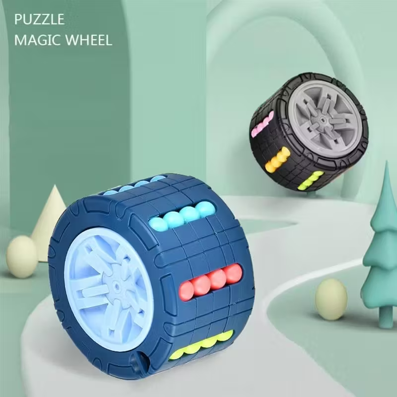 3D Cylinder Cube Toy Magical Bean Gyro Rotating Slide Puzzle Games for Stress Relief in Children Educational Toys (Red, Blue, Black)