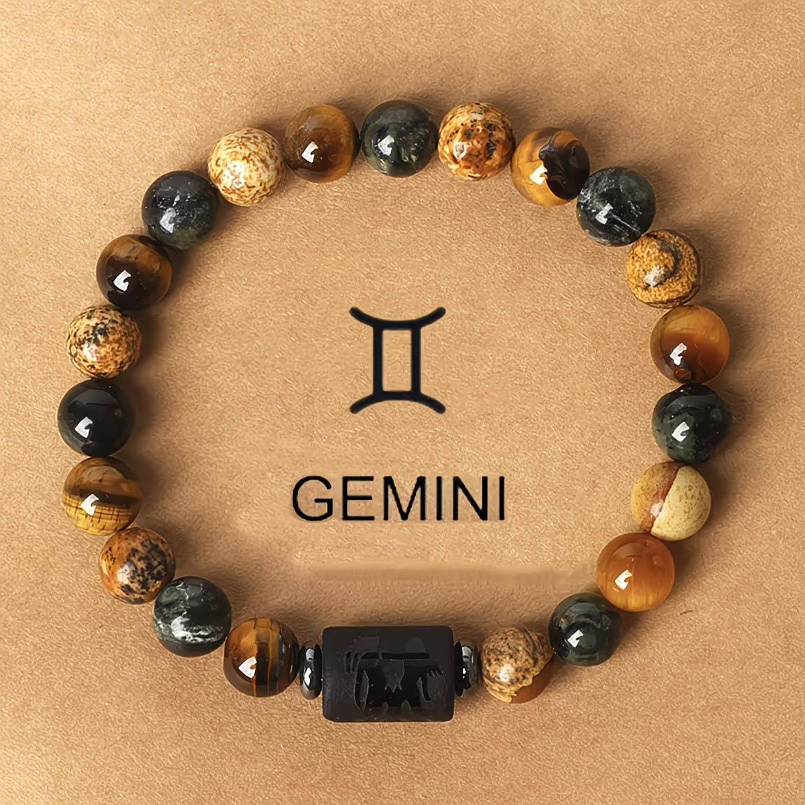 1pc 12 Constellations Zodiac Natural Stone Beaded Twelve Constellations Tiger Eye Stone Picture Stone Birthday Gift Valentine'S Day Gift Zodiac 19Cm/7.48Inch