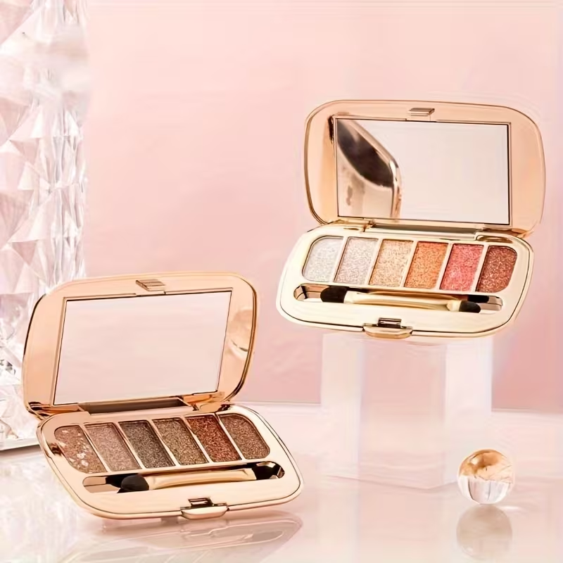 6 colors Diamond Pearly Glitter Eyeshadow Palette with Brush and Mirror - Enhance Your Eye Makeup with Polarized Shimmer