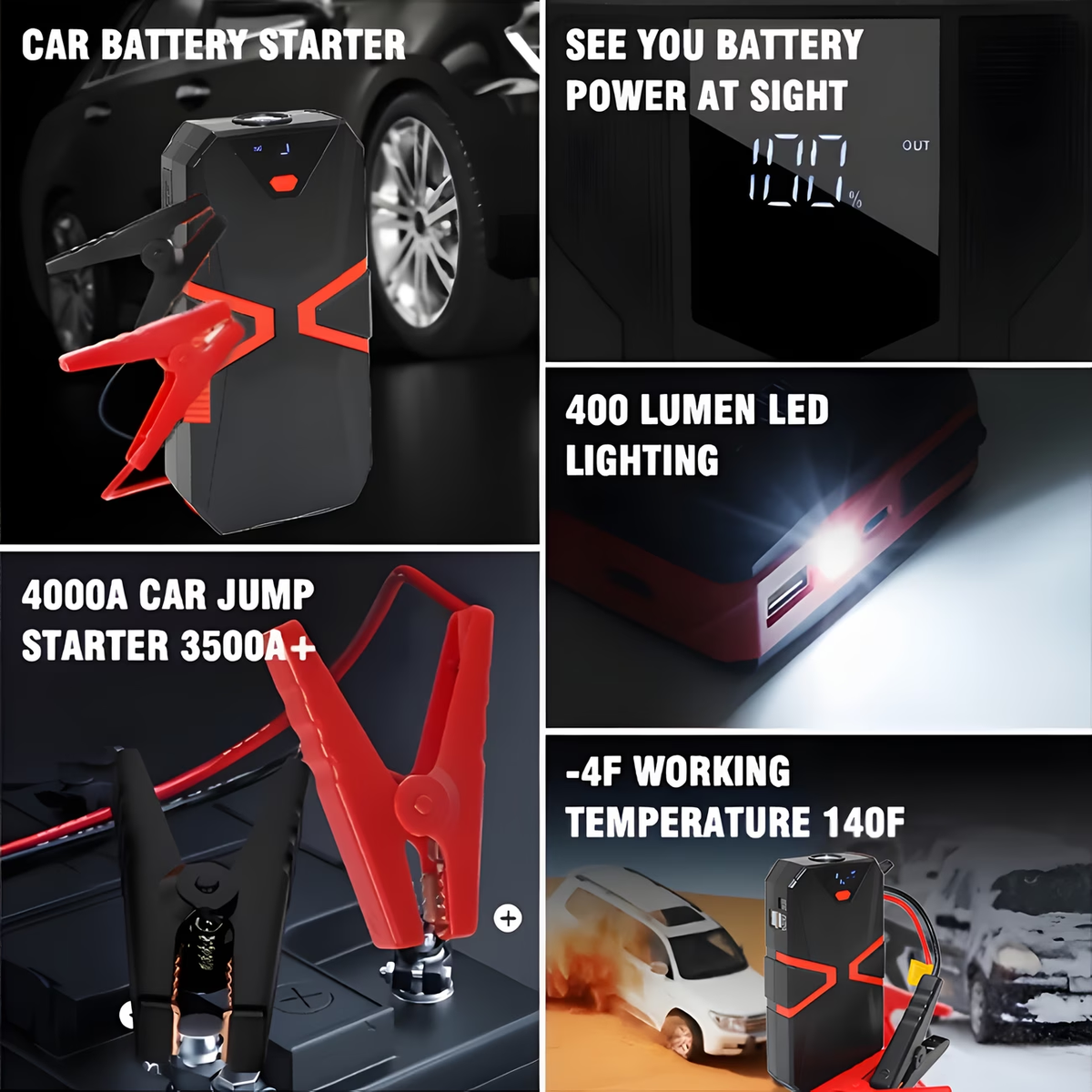 5-in-1/9IN1 Portable Car Battery Jump Starter With Tire Inflator 12V Fast Start, Battery Boost, USB I/O, LED Emergency Light, Reliable Power, Roadside/Vehicle Emergency Tools 3000A Portable Wireless Car Jump Starter Battery Jump Starter Portable Pea