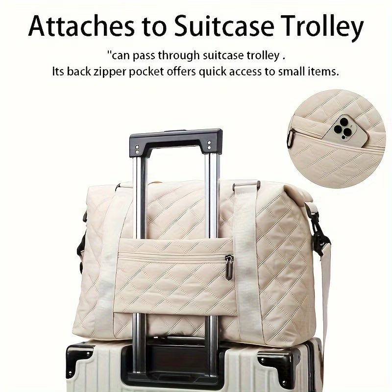 Large Capacity Quilted Travel Duffel Bag with Rhombus Pattern, Solid Color Overnight Carry-On Tote with Multiple Storage Pockets