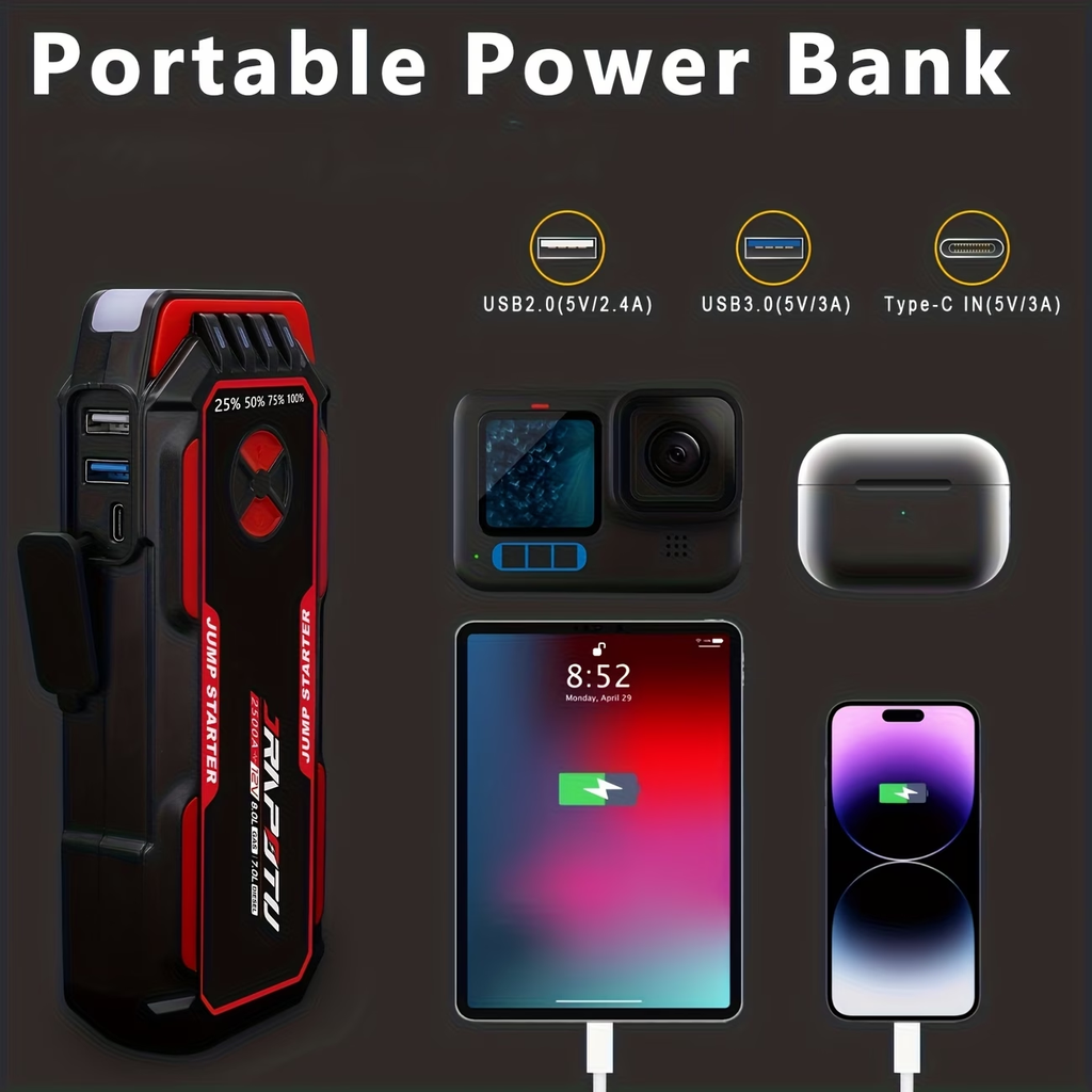 Portable Car Jump Starter, 2500A Peak Battery Jumper Starter Portable, Jump Box for Car Battery, 12V Portable Jump Starter for 2.11gal Gas & 1.85gal Diesel Cars with USB Ports & LED Flashlight, Car Battery Charger Jump Starter, Battery Starter