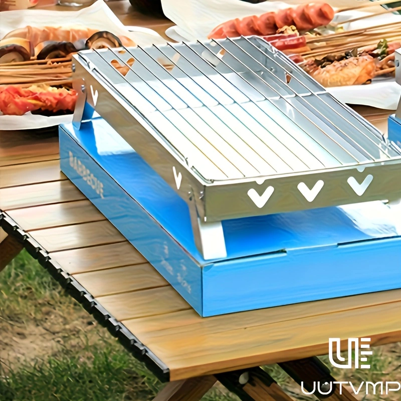Foldable BBQ grill, disposable BBQ grill, compact folding grill; quick to set up, easy to use, lightweight and portable, space-saving; ideal for camping, gatherings, and BBQ events.