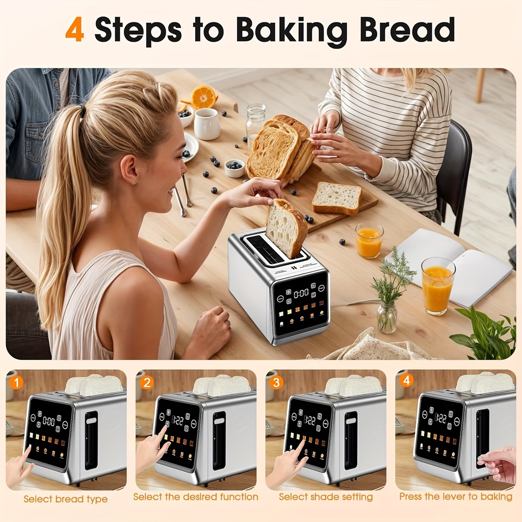 2-Slice Touch Screen Stainless Steel Toaster | Smart Digital with Memory Function, 5 Bread Types & 6 Shade Settings, 1.5" Wide Slot, 900W Power